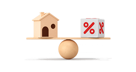 Wooden house and block with red percentage sign for comparing rates