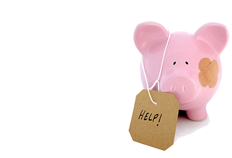 piggy bank with help sign 