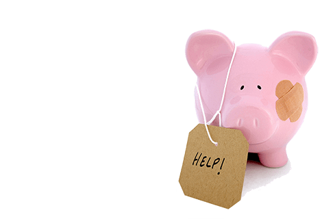 piggy bank with help sign showing homeowner loans for bad credit